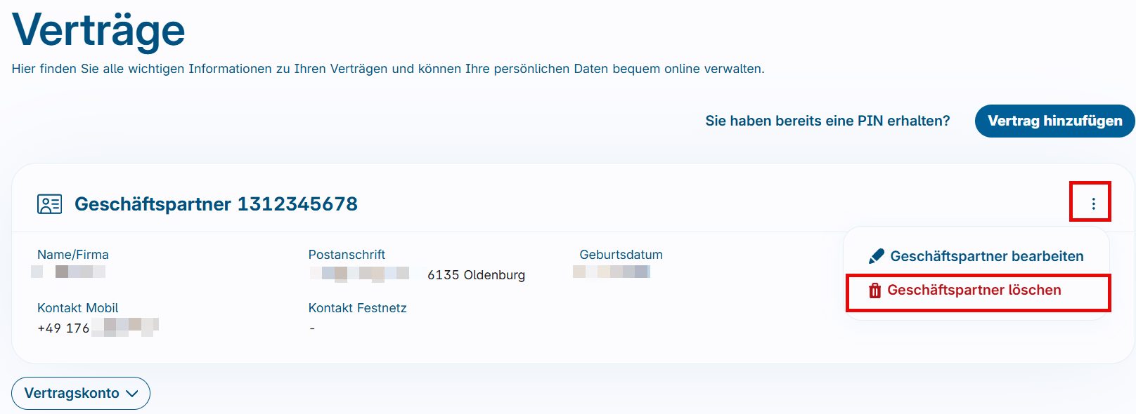 Maske Vertrag entfernen im Kundenportal der EWE NETZ