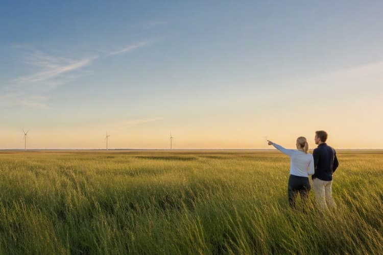Ein Paar steht auf einem Feld und schaut sich Windkraftanlagen in der Ferne an