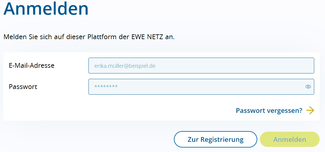 Screenshot aus dem Registrierungsvorgang für das Kundenportal der EWE NETZ