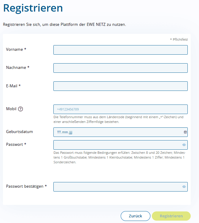 Screenshot aus dem Registrierungsvorgang für das Kundenportal der EWE NETZ