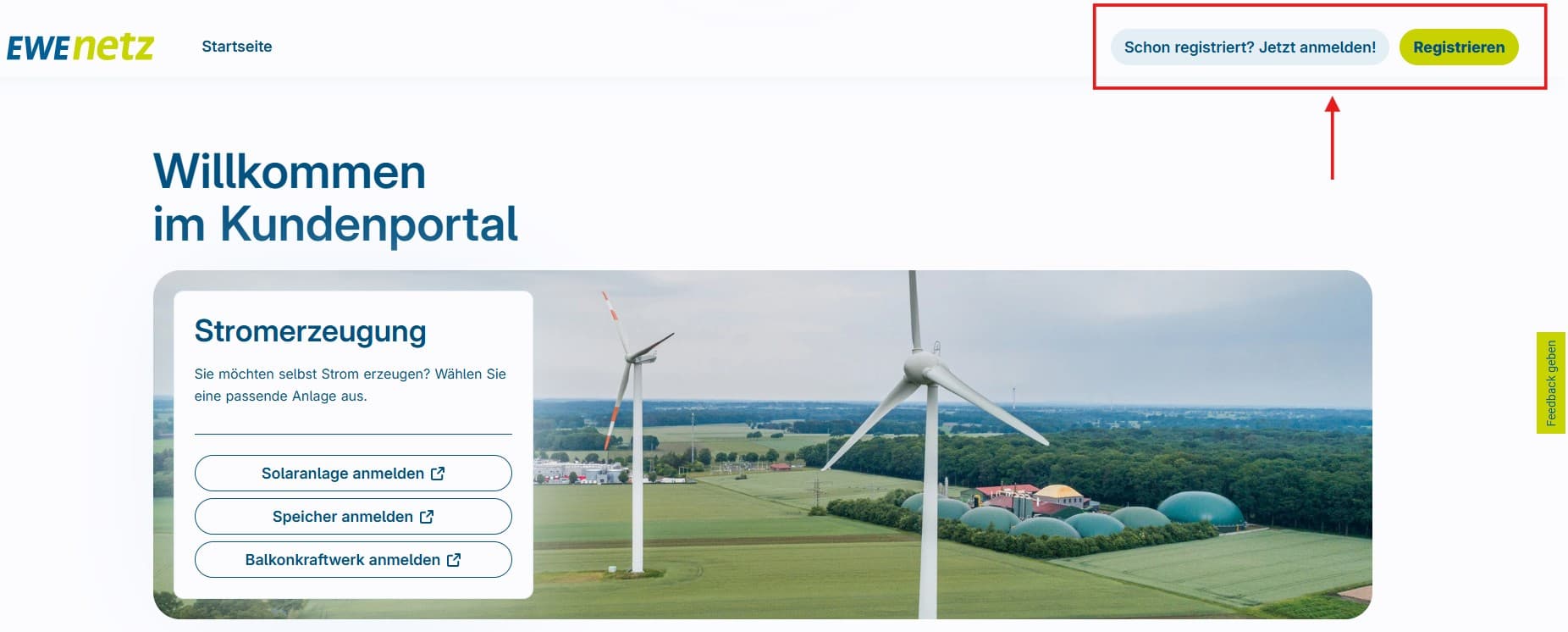 Maske der Registrierung im EWE NETZ Kundenportal