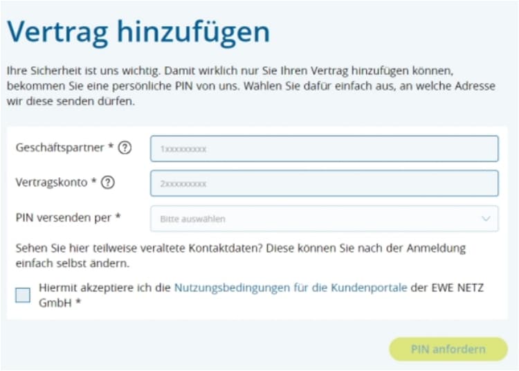 Screenshot aus dem Vorgang "Vertrag hinzufügen" im Kundenportal der EWE NETZ