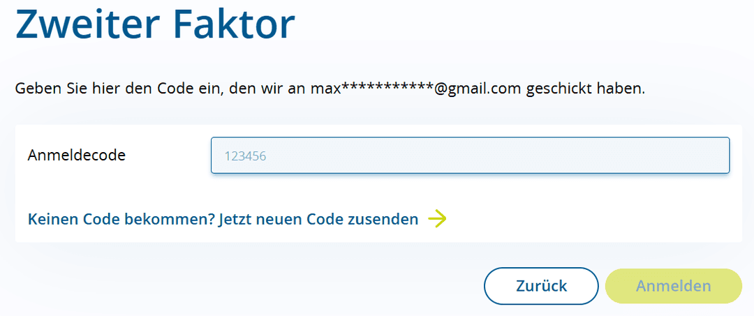 Maske Zweiter Faktor im Kundenportal