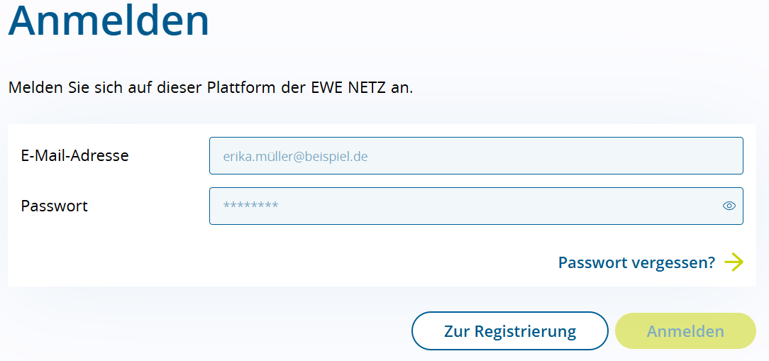 Screenshot aus dem Registrierungsvorgang für das Kundenportal der EWE NETZ